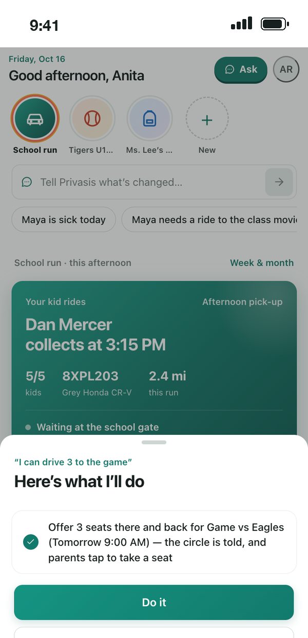 The Privasis agent: after “I can drive 3 to the game”, it proposes offering three seats there and back for Saturday’s game, with a Do it button.