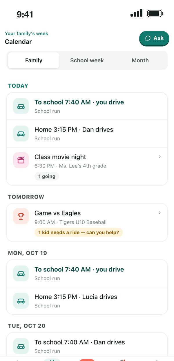 The Privasis calendar: today’s school runs and who drives, baseball practice, tomorrow’s class movie night and Saturday’s game.
