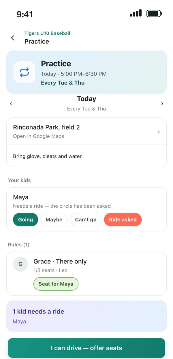 A baseball practice in Privasis: Maya is going and has asked for a ride, and Grace has offered a seat for Maya.
