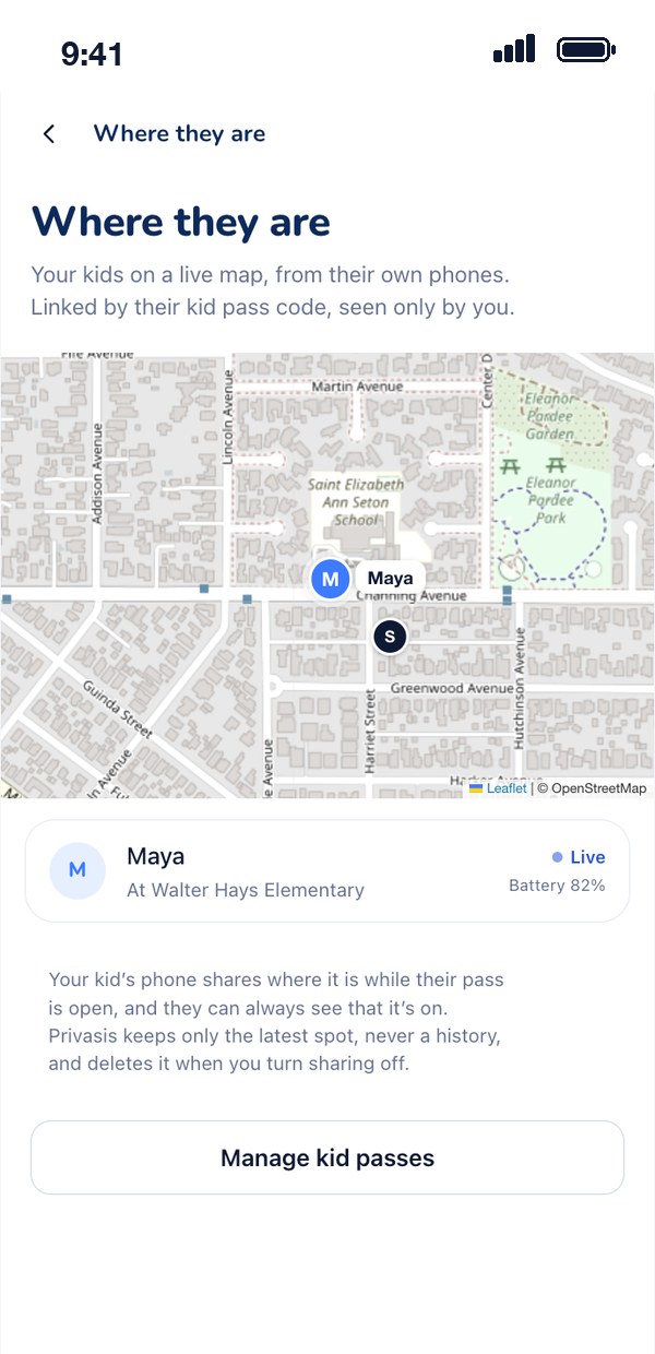 Where they are, in Privasis: Maya shown live on a map at Walter Hays Elementary, with her phone’s battery level.